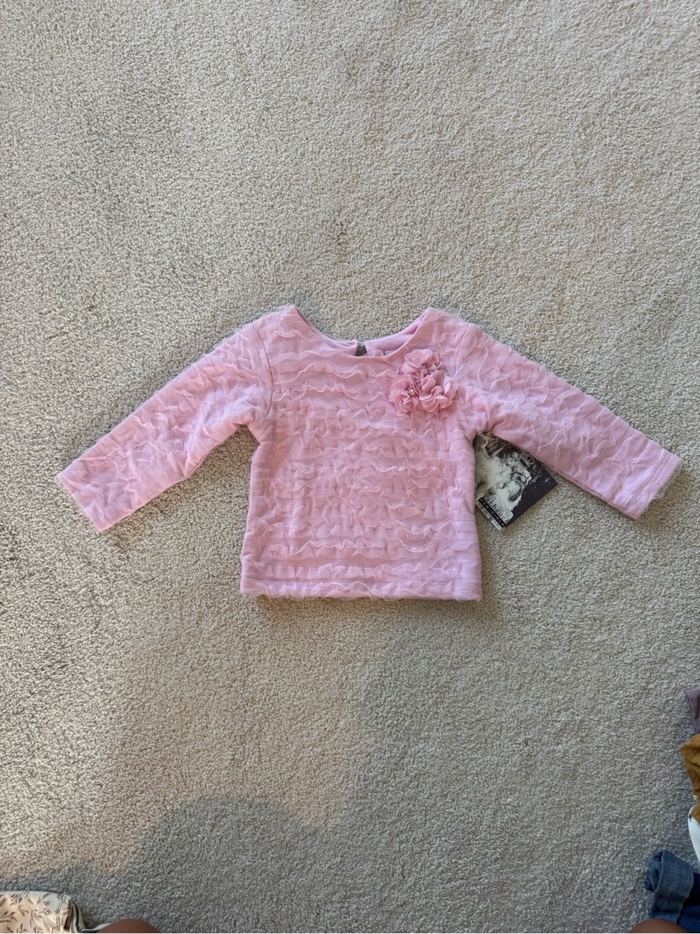 Little Girls Pink Ruffle Flower-Accent Long Sleeve Top